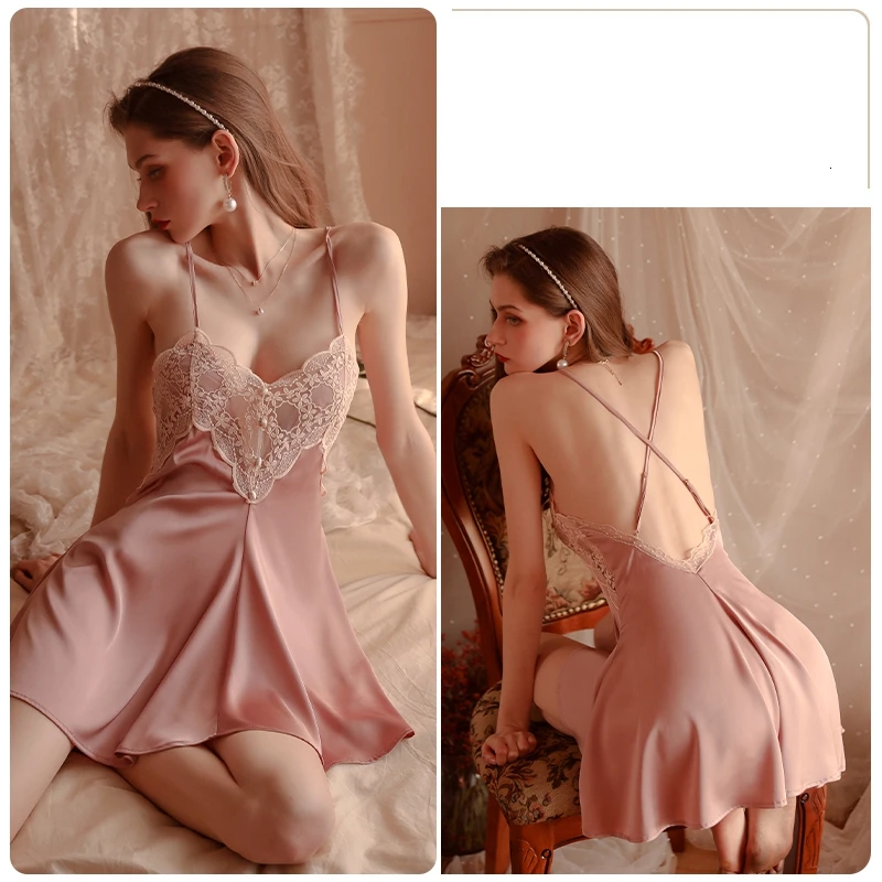 

Female Silk Nightgown Vintage Women's Satin Sleepwear Sexy Lace V-Neck Sling Nightdress Female Backless Home Sleeping Dress