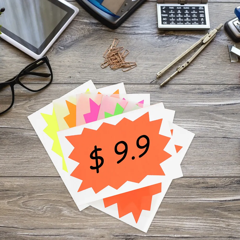 100개 형광색 빈 가격표 자체 접착식 소매 판매 스티커 스타 컷아웃 표지판 판매자용 가격표 라벨링 가격표