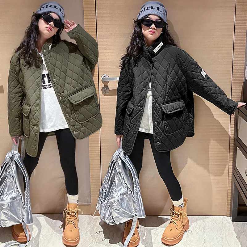 

Korean Winter Kids Girl Winter Jacket Teenager Girl Warm Cotton High Collar Outwear Elementary Girl Rhombic Lattice Bread Jacket