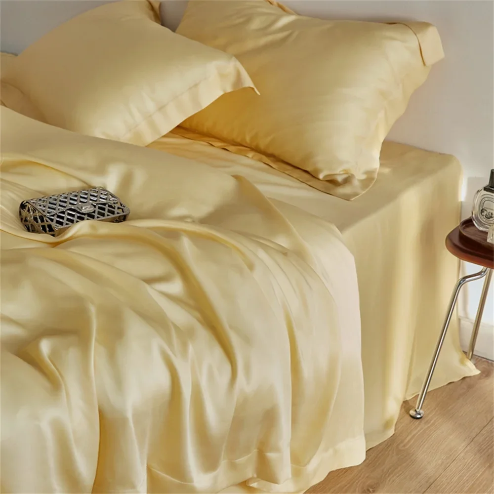 

Liv-Esthete Pure Nature Yellow 100% Silk Bedding Set Solid Color Flat Sheet Pillowcases Double Queen King Quilt Cover Bed Set