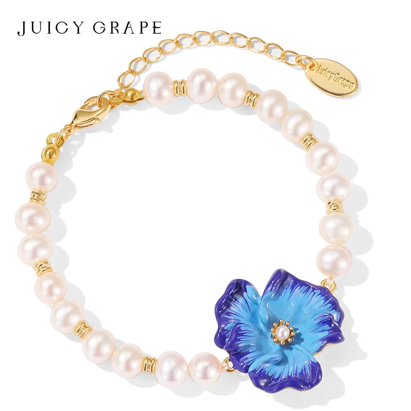 

Natural Freshwater Pearl Flower Bracelet for Women Blue Enamel Flower Bracelet with 18K gold Plated Tail Chain Can be Engraved