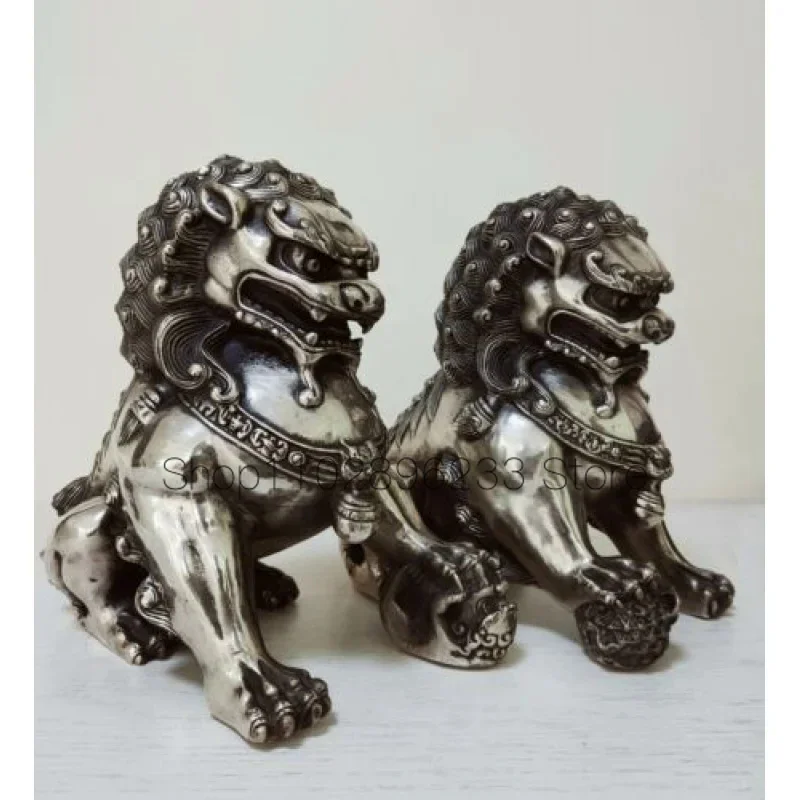 

8inch Big Tibet silver Fu Foo Dog Guardian lion argent lucky Statue Pair