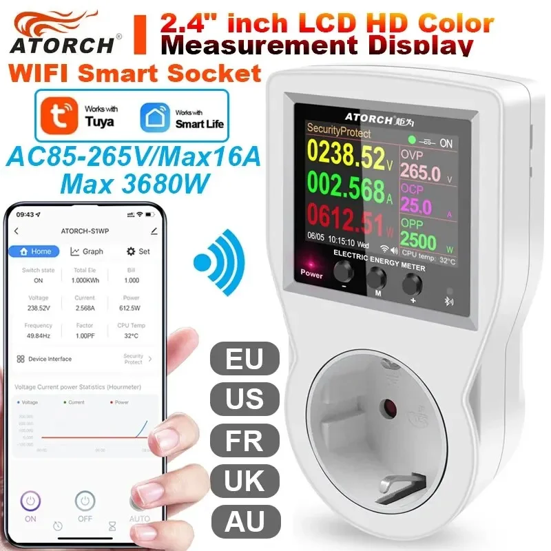 WiFi 스마트 소켓, AC85-265V 16A, 스위치가 있는 디지털 전력계, 전기..