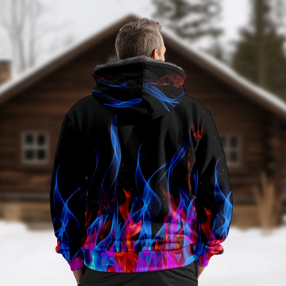 New Colorful Flame Cotton Suit with Hat Sweater Casual Print Long Sleeve Zipper Sweater Thick Cotton Suit Winter