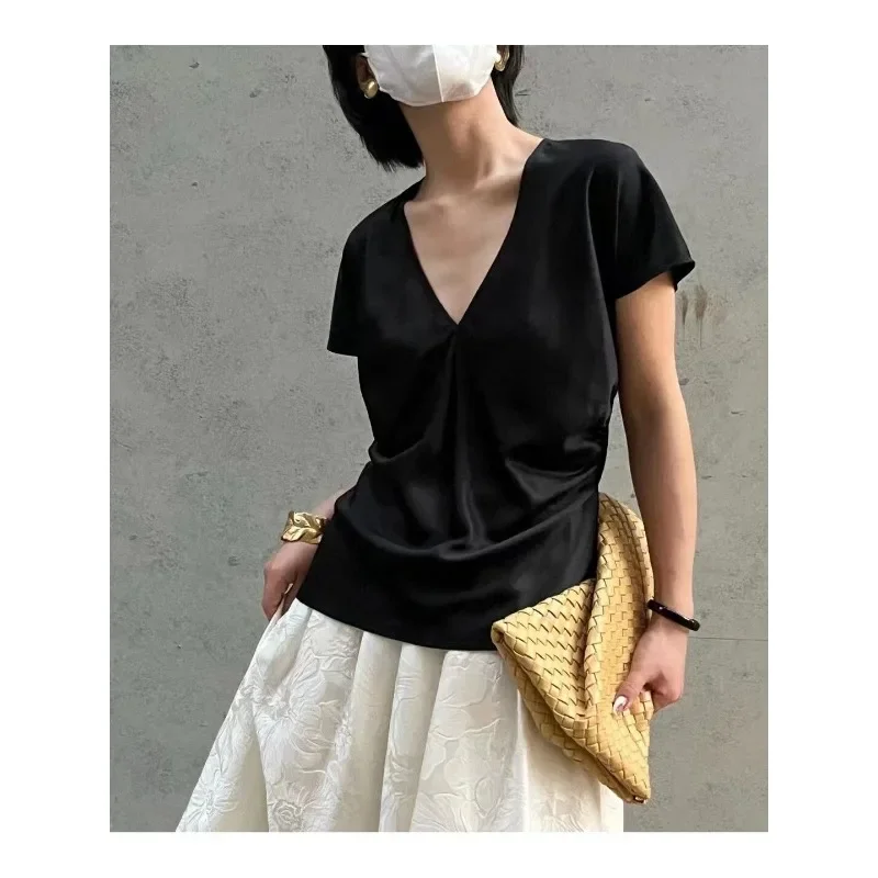 Deeptown Black V Neck Women's Satin Blouses Short Sleeve Old Money Summer Slim Female Shirt Korean Fashion Office Lady Elegant