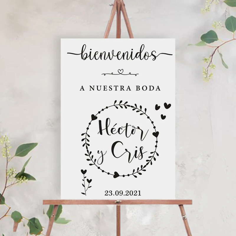 Wedding Sign Stickers Custom Names Date Vinyl Decal Spanish Wedding Welcome Mirror Board Sticker Decoration Art Mural