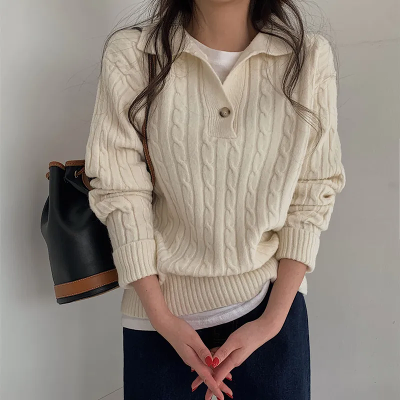 Autumn and Winter Fashion New Women's Polo Button Women's Long Sleeve Sweater Casual Elegance Women's Office Top Knitwear