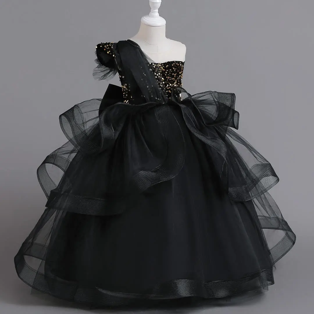 Luxuriöses ärmelloses Prinzessinnen-Mädchenkleid, elegantes Tutu-Ballkleid für Klavieraufführungen, Festzüge, schwarzes Teenager-Kleid für Teenager-Mädchen – Detail 1