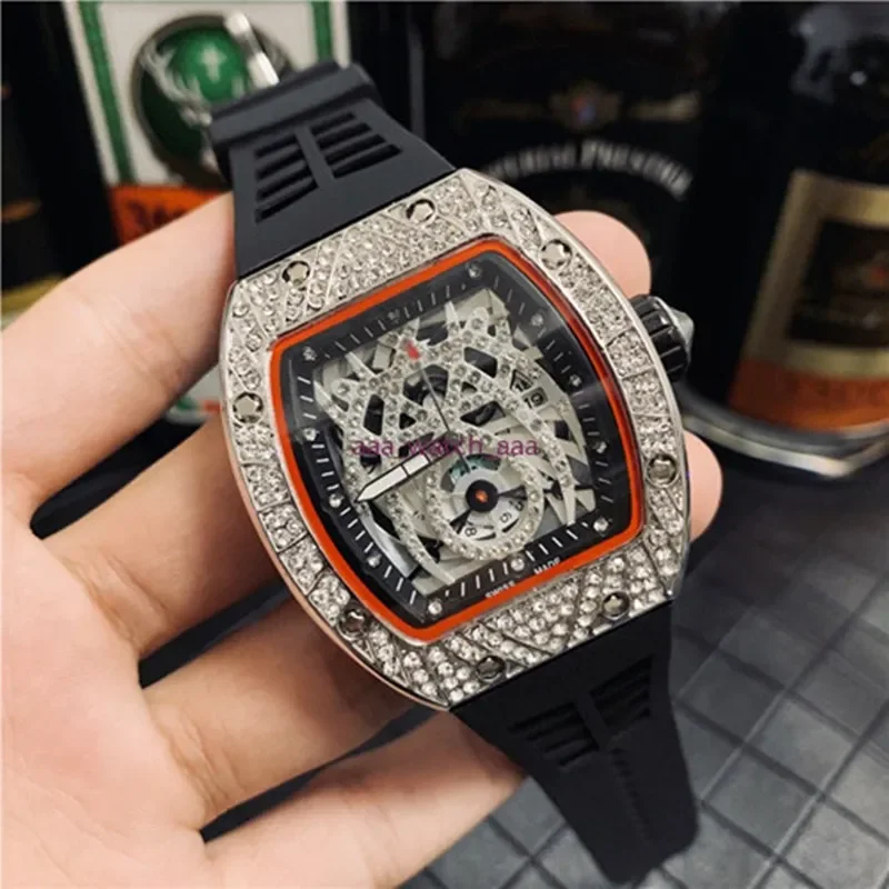 

HOT Diamonds Luxury Designer Tonneau Watches Womens Mens Causal Waterproof Watch Big Dial Steel Case Rubber Strap Sport rm Watch