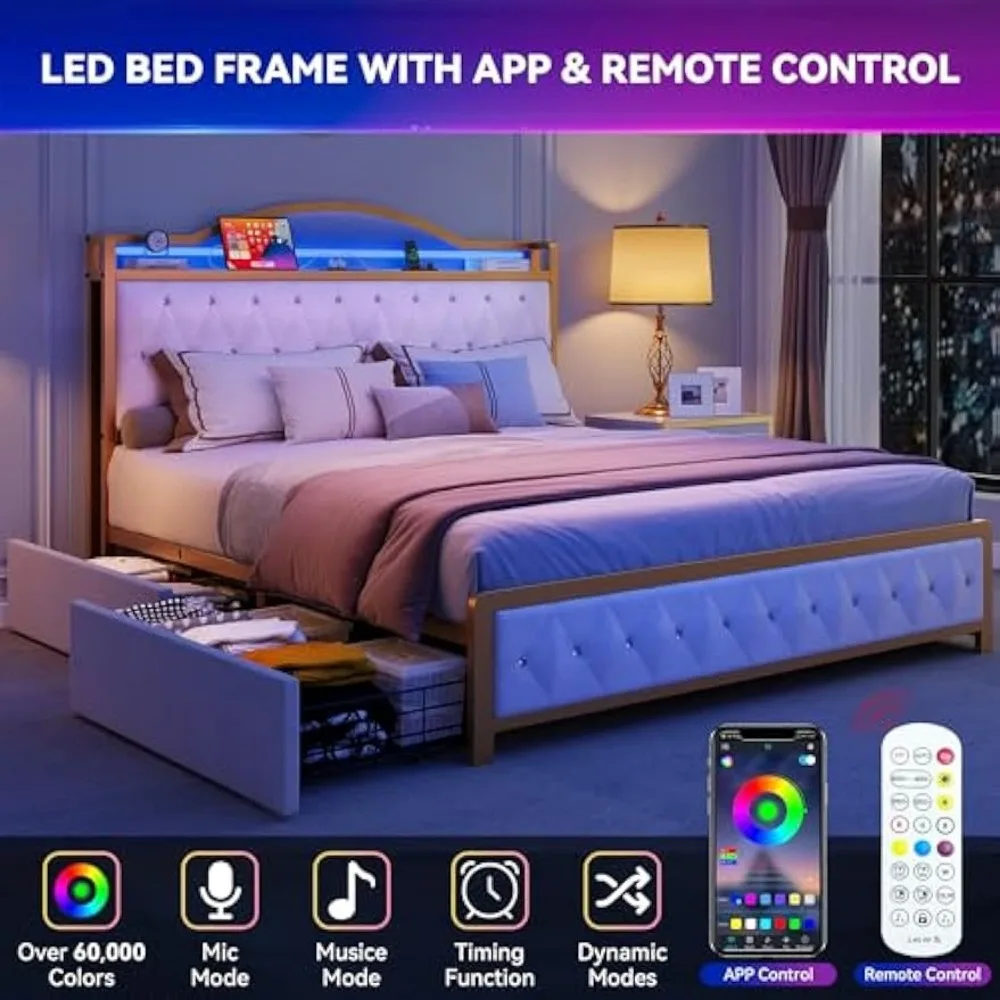 Queen Bed Frame w LED Lights, Platform Upholstered Bed w 4 Storage Drawers and Charging Station, Crystal Button-Tufted Headboard 6