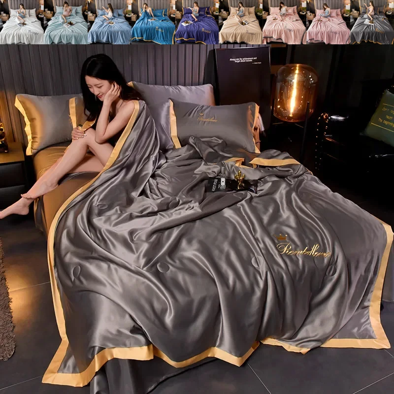 

150/180/200cm Silk Simple European Style Ice Silk Summer Cool Quilts Bedroom Nap Air Conditioner Quilted Bedspread