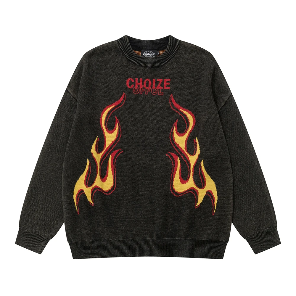 

Korean Retro Flame Letter Print Washed Pullover Sweaters for Men and Women Ropa Hombre Baggy Y2k Pull Homme Knitted Clothes