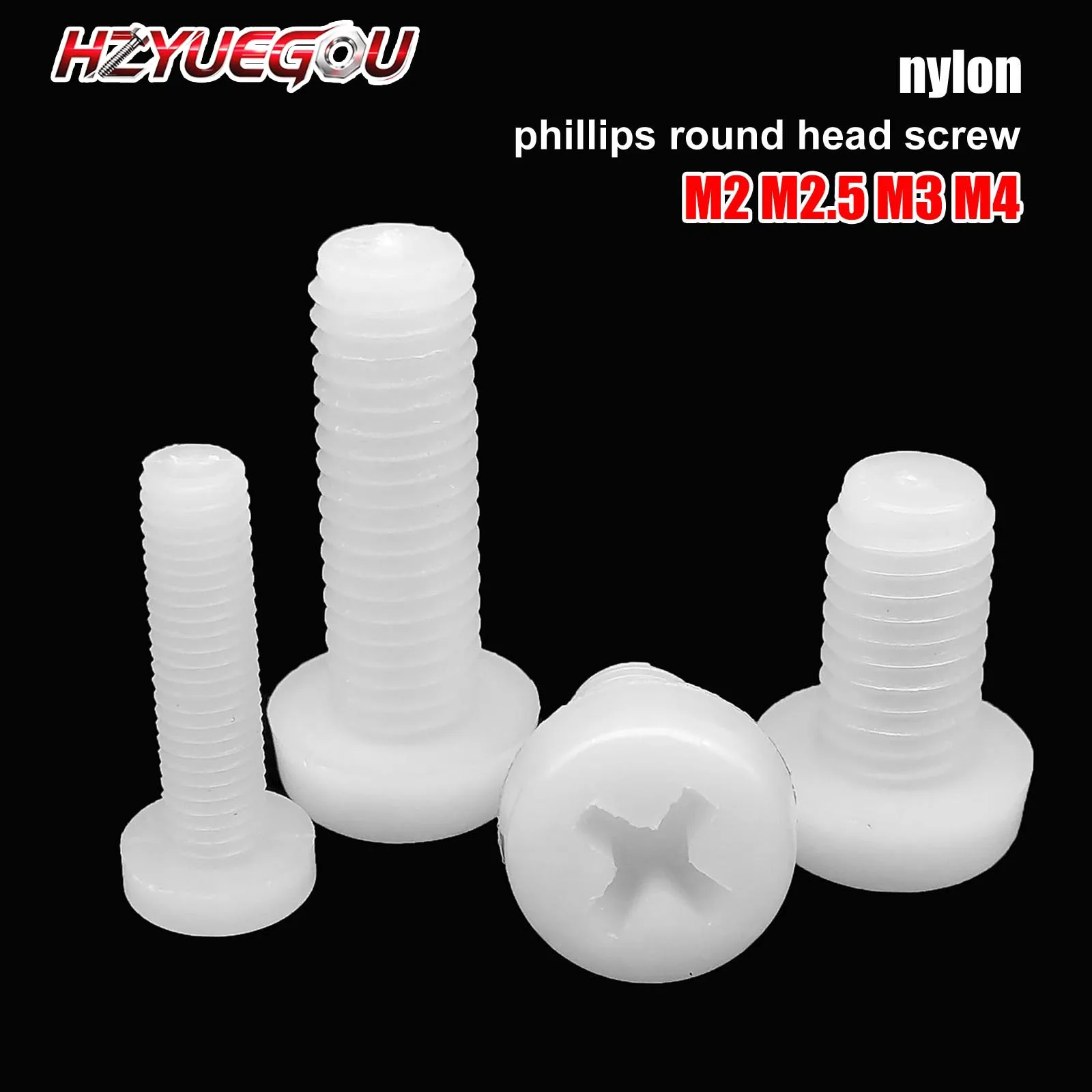 HZYUEGOU 50 Stück M2 M2.5 M3 M4 Durchmesser=2-10mm Weiße Nylon-Kunststoff-Isolierte Kreuzschlitz-Flachkopfschrauben
