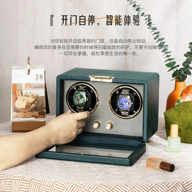 미니멀리스트 가죽 시계 와인더 자동 회전 박스, 도어 스톱 기능 및 무소음 모터 포함, 기계식 시계 전시 보관 안전 선물용