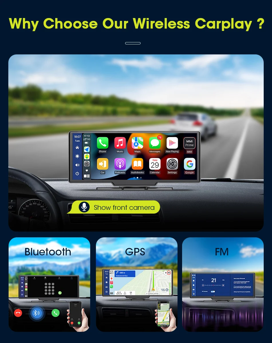 Srnubi 10,26-Zoll-Carplay-Bildschirm für Auto-DVR-Multimedia, kabelloses Carplay und Android Auto, Auto-Stereoanlage, Mirror Link, Bluetooth, AUX-Player – Detail 3
