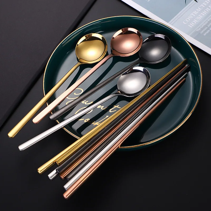 Korean 304 Stainless Steel Long Handle Chopsticks Round Head Spoon Solid Color Cutlery Set Home Tableware Kitchen Utensils