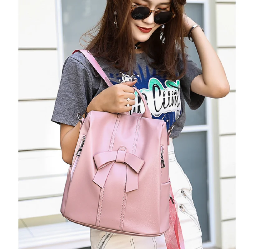 

New Women Fashion Cute Bow Leather Travel Backpack Large Capacity Anti Theft Shoulder Bags Ladies Casual School Bag Totes