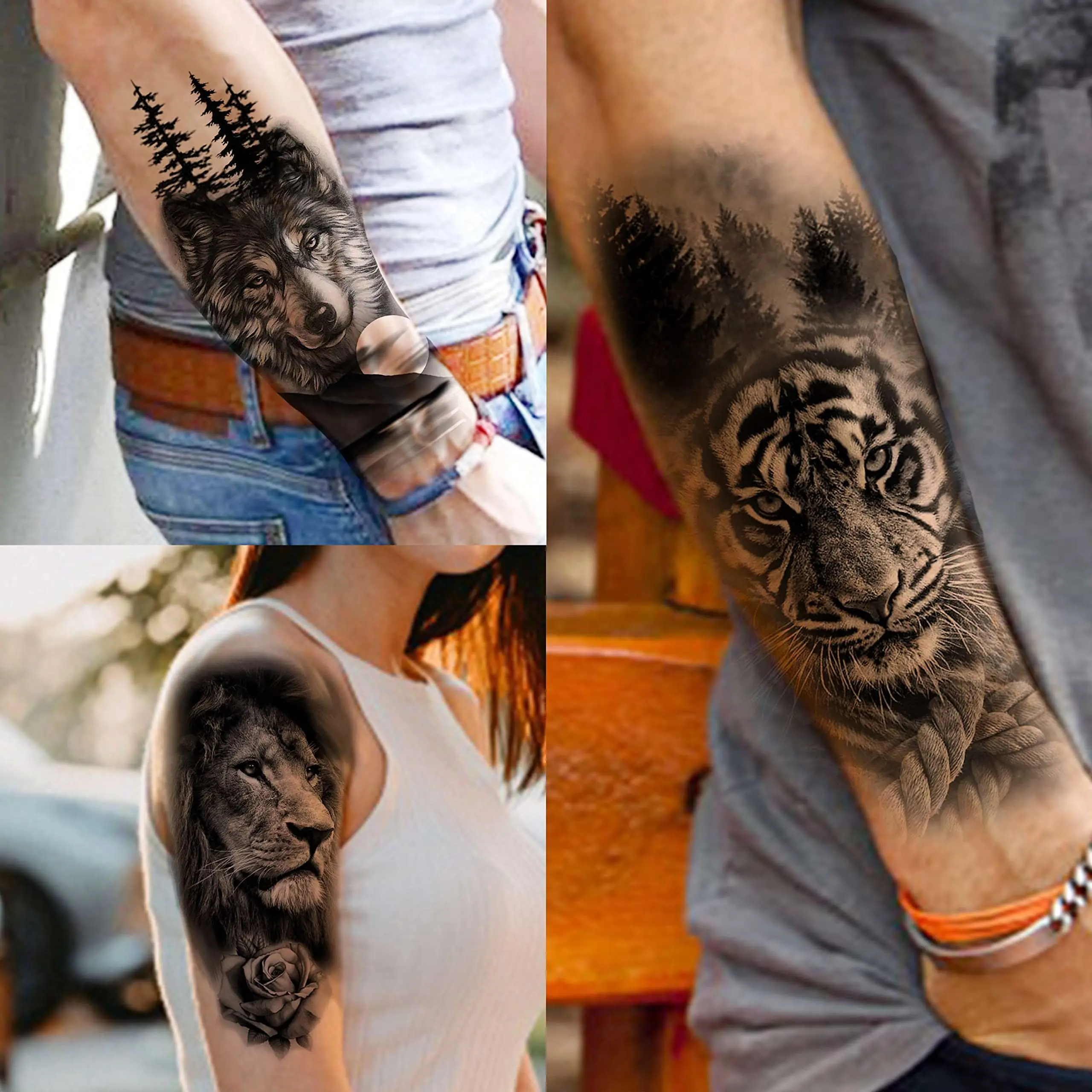 Waterproof Temporary Tattoo Sticker Forest Lion Tiger Bear Flash Tattoos Women Leopard Wolf Crown Body Art Arm Fake Tatoo Men 5