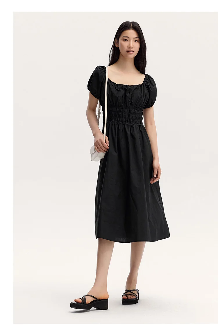 Dress Women Gentle And Elegant Summer New French-Style Square Collar Waist Cinched Mid-Length Fresh