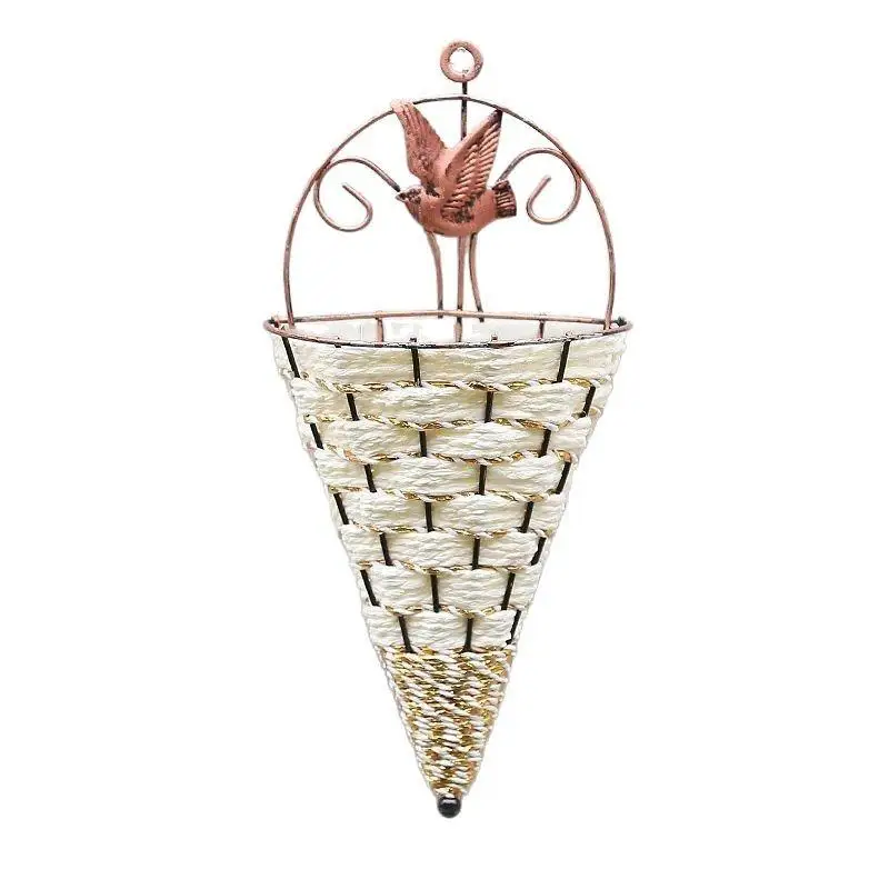 Fashion Home Decor Flower Basket Vase Rattan Wall Hanging Pot Planter Rattan Vase Basket Decor Wrought Iron Natural Wicker