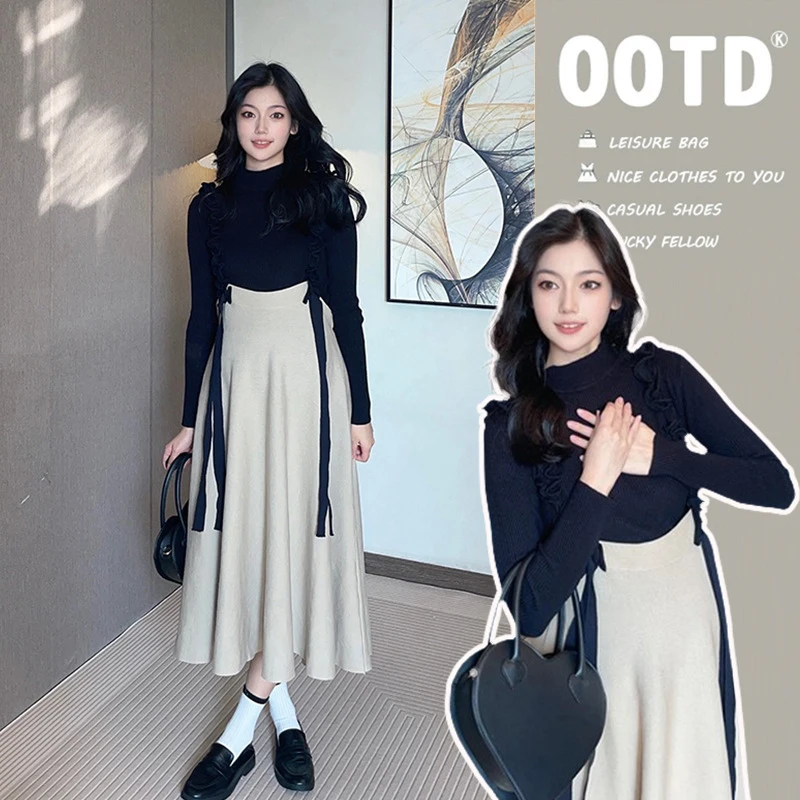 fall-winter-pregnant-sets-round-neck-solid-top-hanging-strap-half-skirt-fashion-versatile-elegant-commuter-maternity-clothes