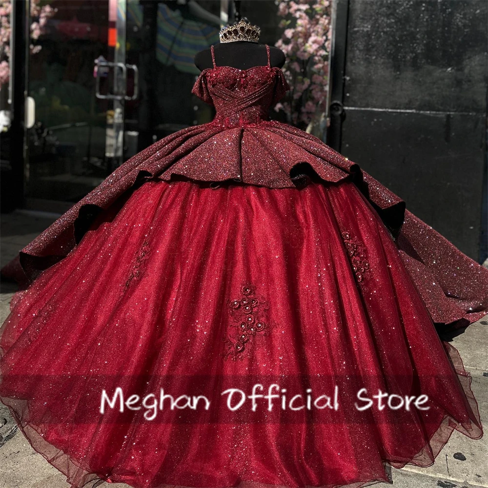 Burgundy Tiered Quinceanera Dresses Appliques Ball Gown Birthday Dress Luxury Off Shoulder Party Gown Sweet 15 Customized