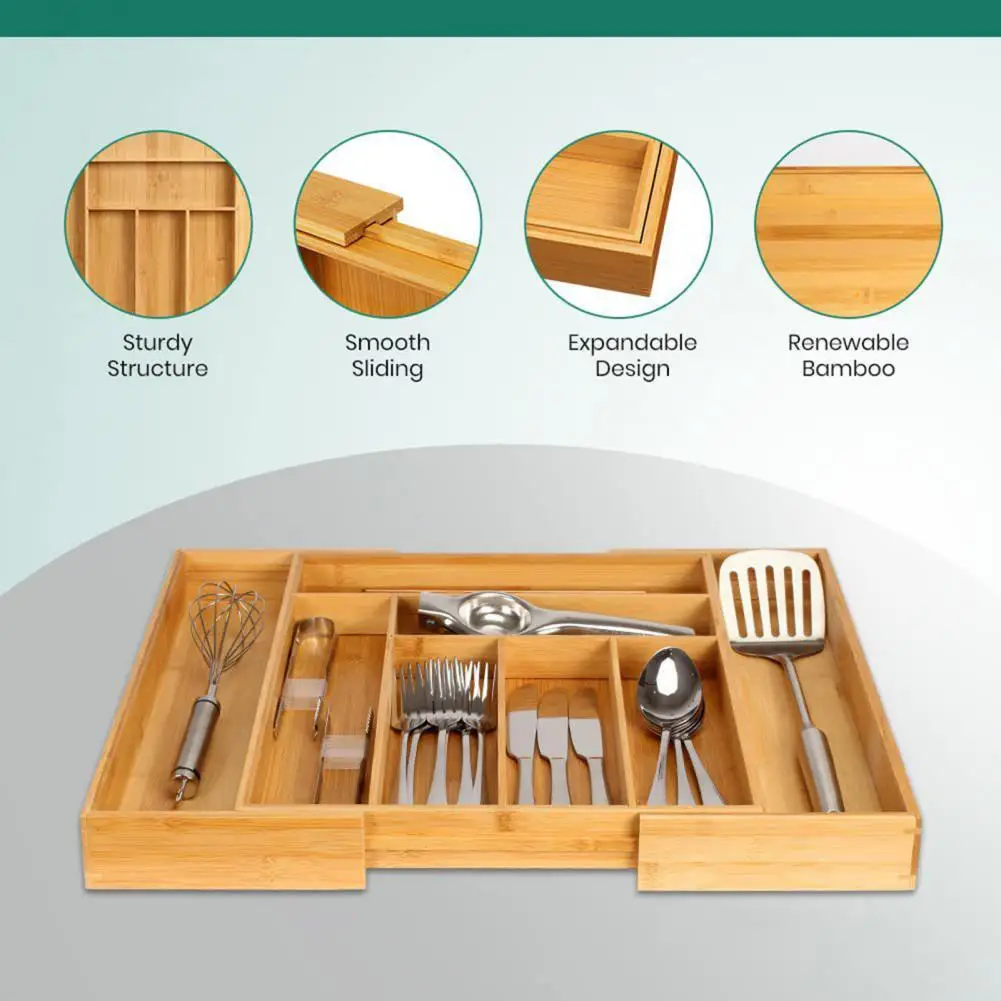 Stationery Drawer Organizer Adjustable Chopsticks Knife Fork Cutlery Drawer Organizer Elegant Bamboo Cutlery Tray for Neat 5