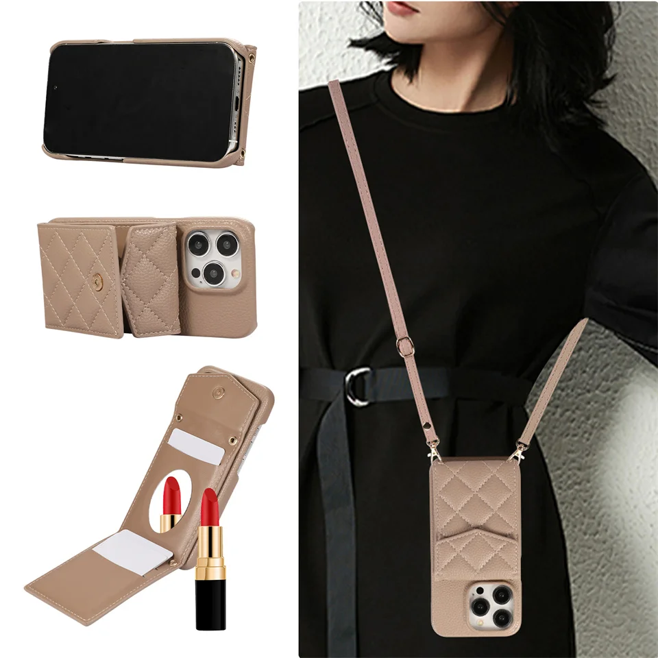 

Crossbody Cards Solt Leather Wallet Mirror Case For iPhone 15 Pro Max 13 14 Plus 12 11 7 8 SE 2022 Lanyard Vertical Pocket Cover