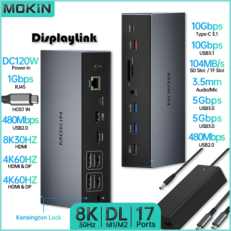 

Док-станция MOKiN 17 в 1 для MacBook, M1/M2, iPad, ноутбука Thunderbolt, DisplayLink 4K60HZ, USB3.1, HDMI 8K30 Гц, RJ45 1 Гбит/с