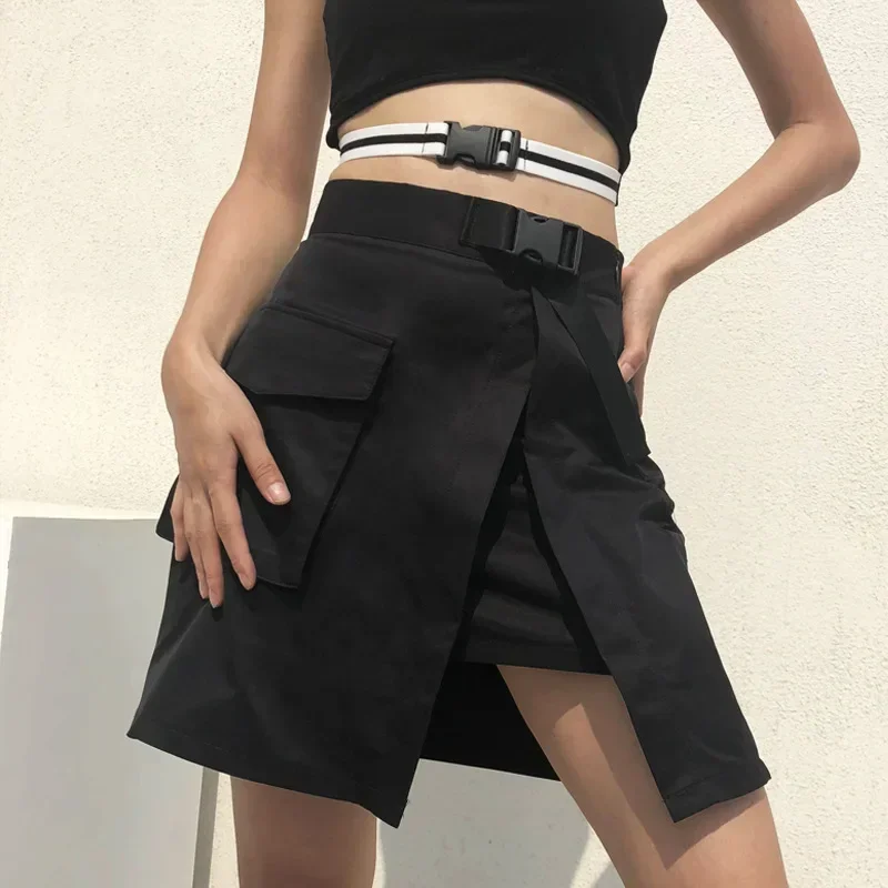 Summer Women High Waist Gothic Black Harajuku Skirts Female Korean Fashion Skirts with Plastic Buckle Belt Hip Hop Streetwear gothic layered leather belt with chains women body harness sexy waist punk accessories strap fashion girl festival body jewelry