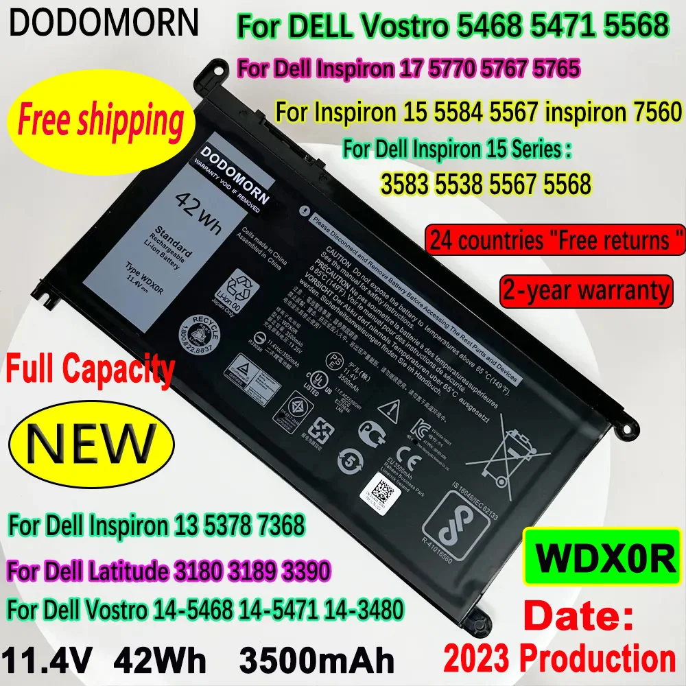 Dodomorn-wdx0r Bateria do Portátil Dell Vostro 5468 5471 5568 Inspiron 17 5770 5767 5765 15 5584 5567 7560 3583 5538 5567 5568
