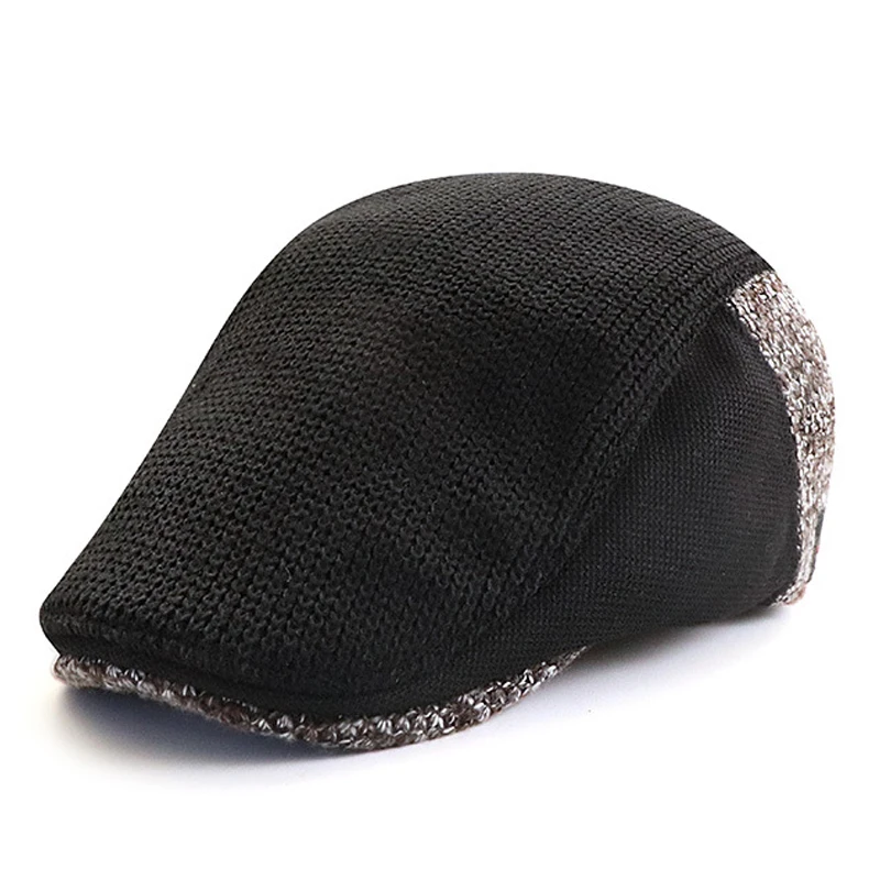 

Fall Winter Beret Hat Men Warm Knitting Newsboy Cap Women Patchwork Herringbone Flat Peaked Ivy Cap Cabbie Hat Duckbill Bonnet