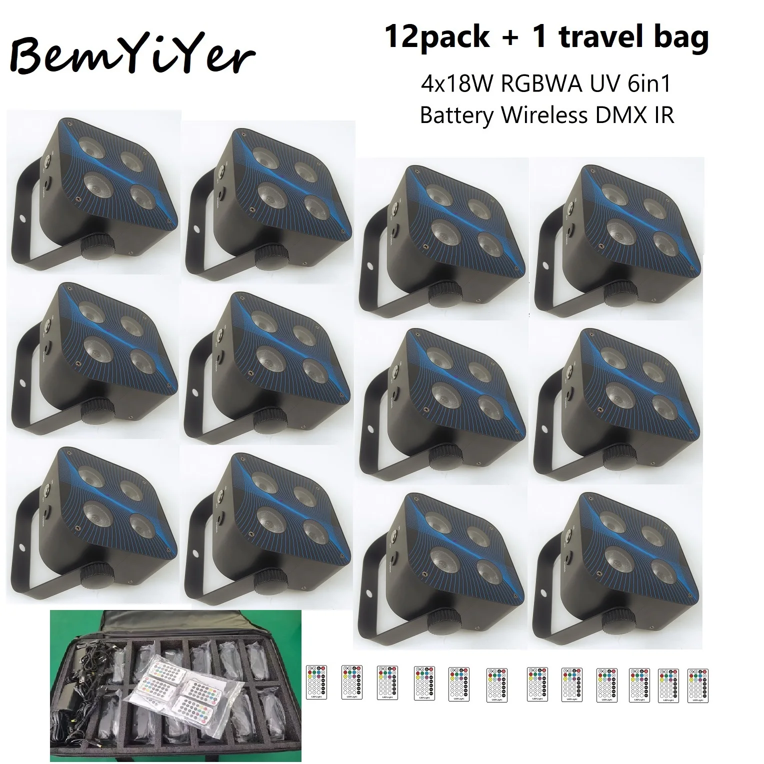 12pack Battery led Par Uplights w/travel bag Wireless DMX wash Par Remote 4x18w RGBWA UV 6in1 for DJ wedding entertainment