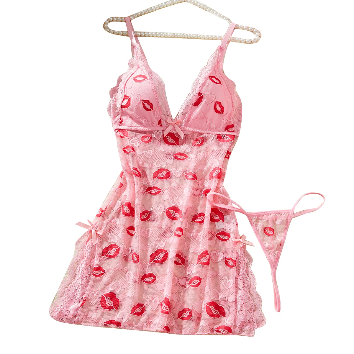38151-33ece8.jpg Lips Prints Pink Lace Underwear Women Babydoll Dress Soft Sleepwear Festival Gift - Image 1