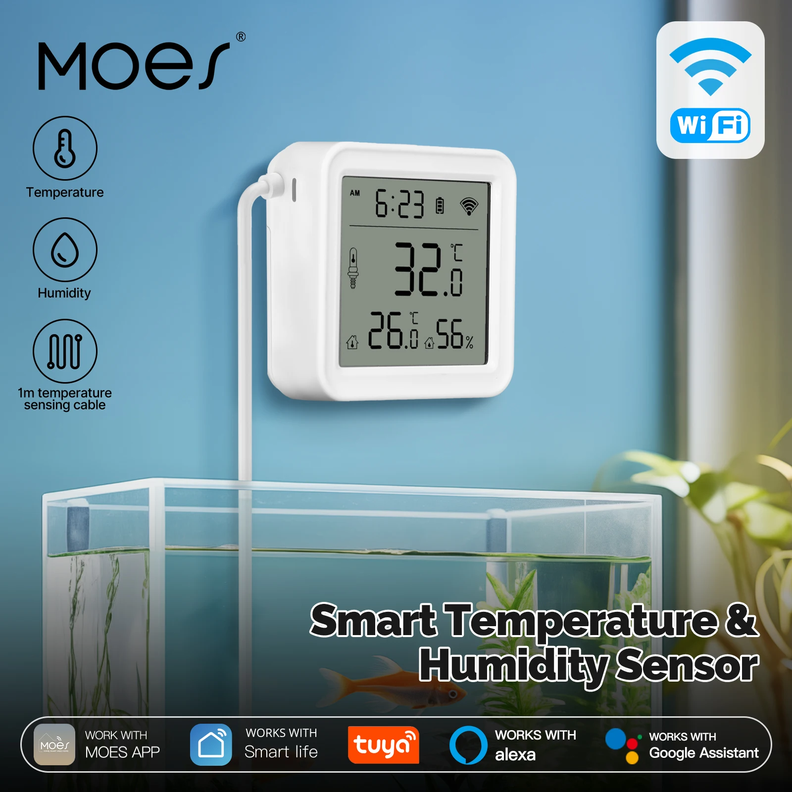MOES Tuya WiFi Smart Temp Humidity Sensor w/1M External Cable Probe ...