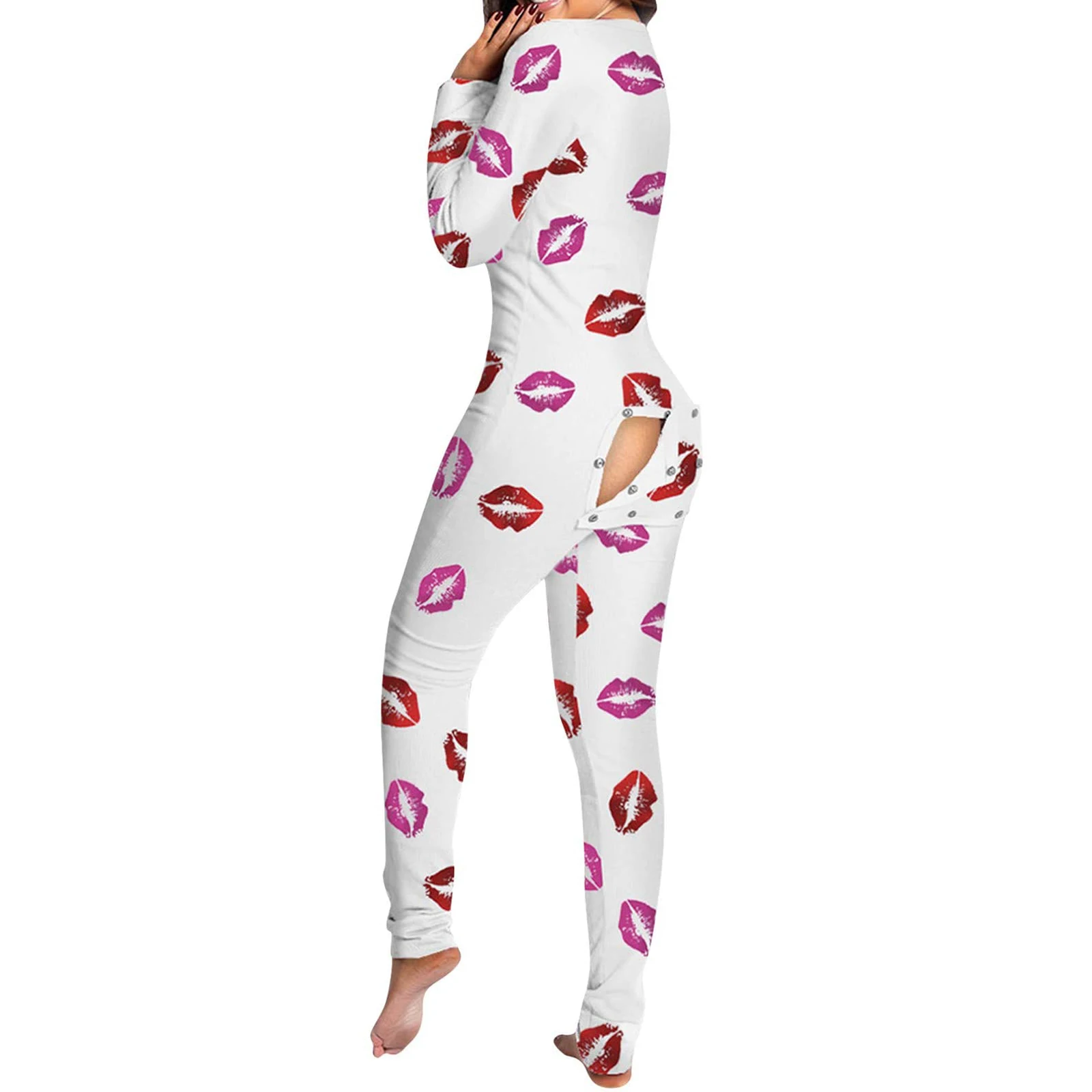 Women's Long Sleeve V Neck Bodycon Oneseies Stretchy Functional Buttoned Flap Pjs Sleepwear Romper Jumpsuit