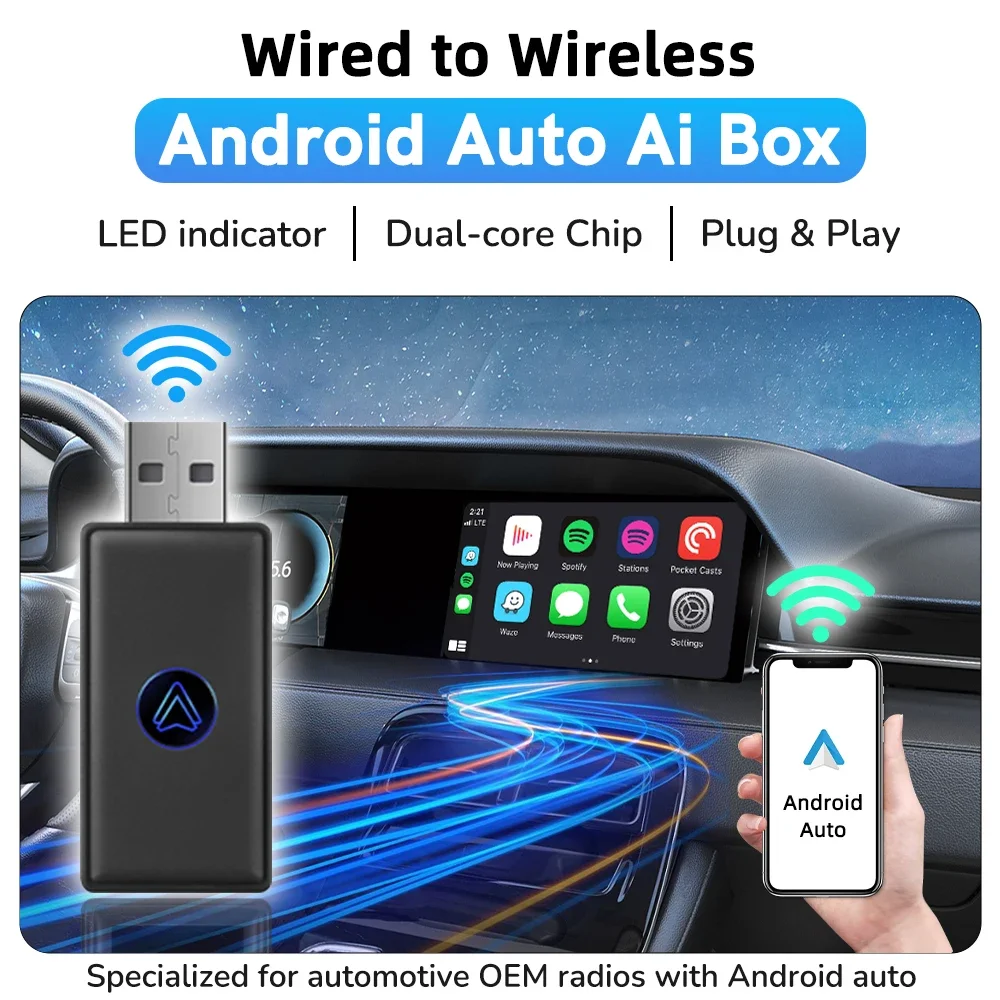 

New Upgrade Mini Wired to Wireless Android Auto Adapter for Wired Android Auto Car Smart Ai Box Bluetooth WiFi Auto connect Map