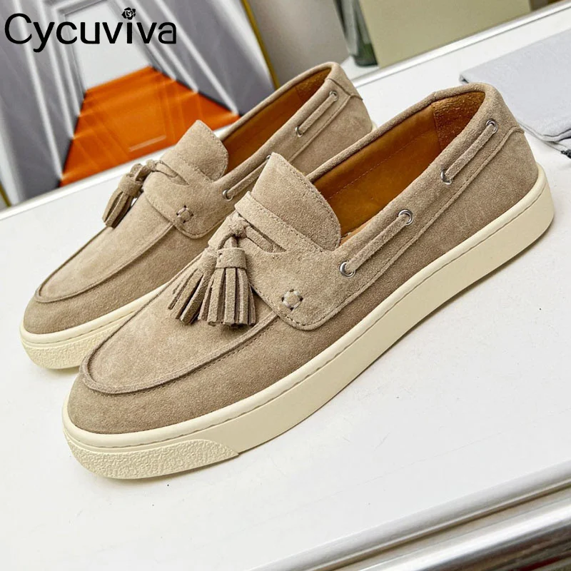 

2023 Spring Flat Causal Shoes Men Cow Suede Leather Slip On Loafers Fringe Decor Brand Shoes For Men Round Toe Male Mules Size46