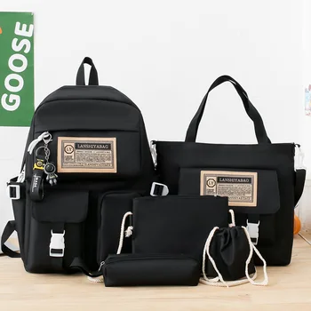 5pcs/set Backpack Simple Large Capacity Travel Backpack Junior High School Student High School Student School Bag 1