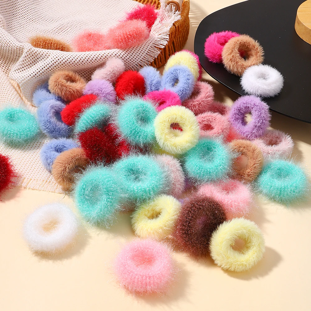 5pcs/bag Girls Mini Colorful Plush Hair Ring Fat Intestine Ring Baby Cute Hairy Head Rope Furry Rubber Band Hair Accessories