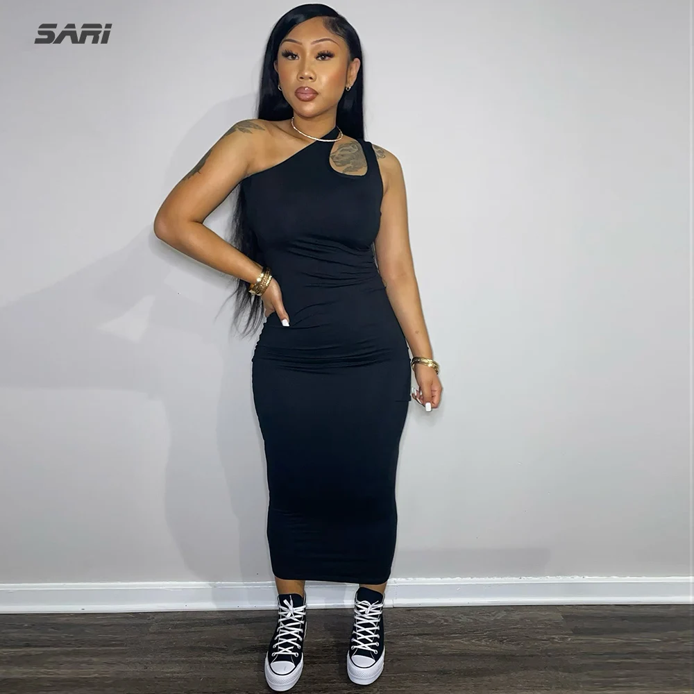 

Women Pure Sleeveless Long Dress Summer Slim Fit Bodycon Sexy Streetwear Elegant Irregular Collar Vestidos Elegantes Para Mujer