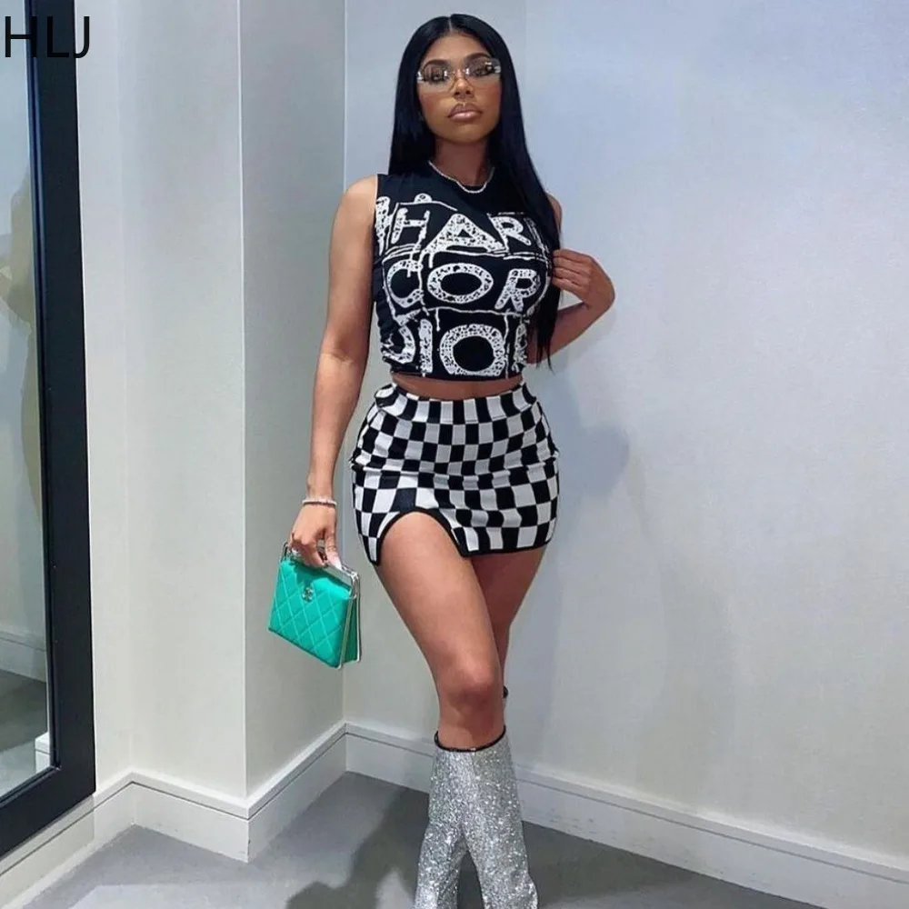 HLJ Fashion Plaid Print Mini Skirts Two Piece Sets Women Round Neck Sleeveless Crop Top And Skirt Outfits Female 2pcs Streetwear
