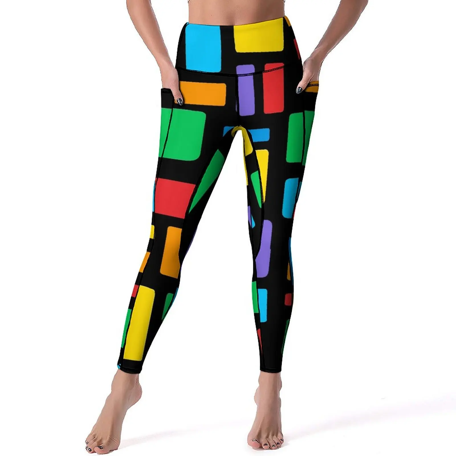 

Retro Mod Leggings Colorful Bricks Geometric High Waist Yoga Pants Breathable Stretchy Yoga Legging Female Workout Sports Tights