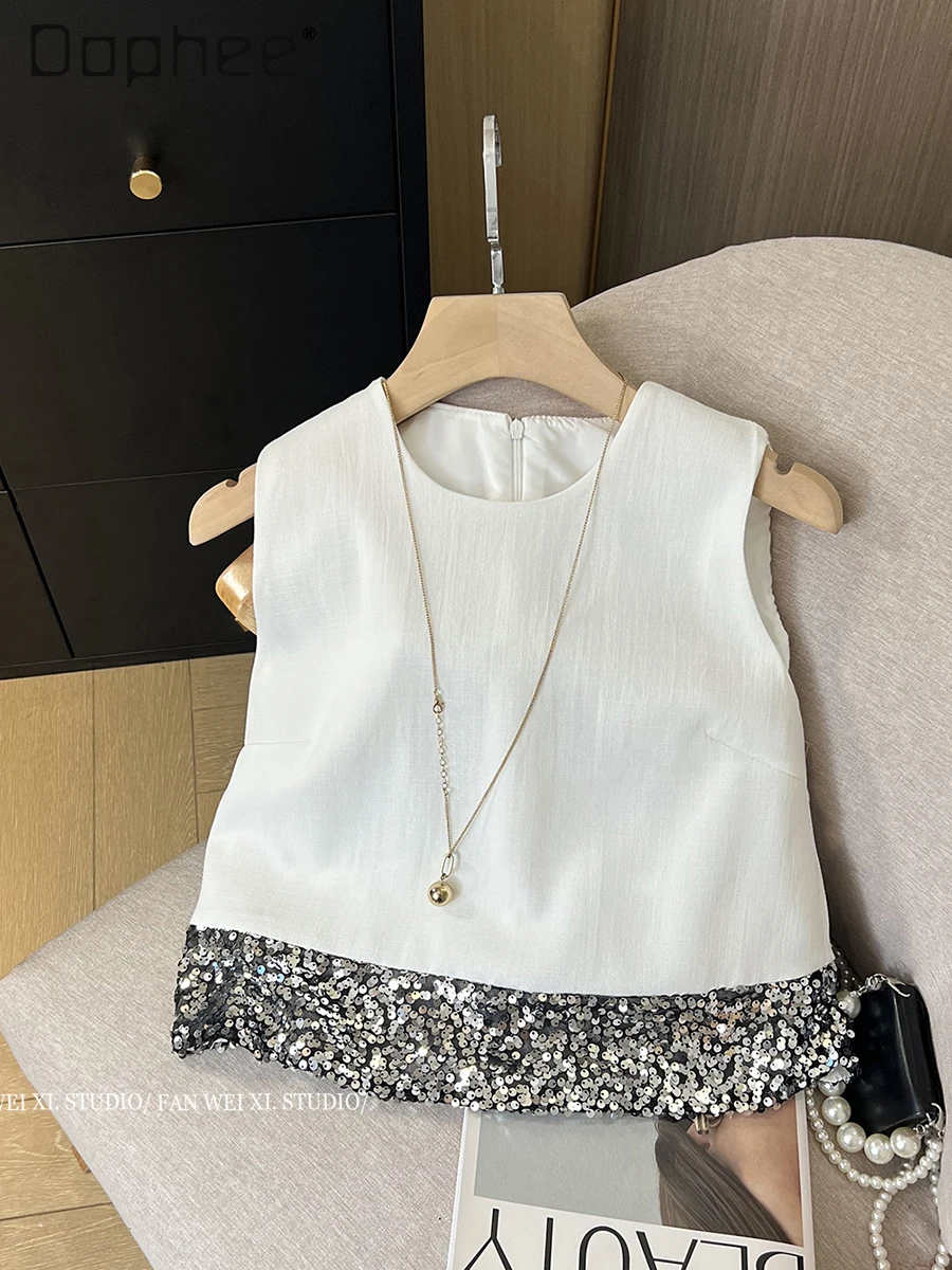 

Heavy Sequined Sleeveless Tops for Women Summer 2024 New French Elegant Contrast Color Stitching Vest Women's O Neck Tank Top