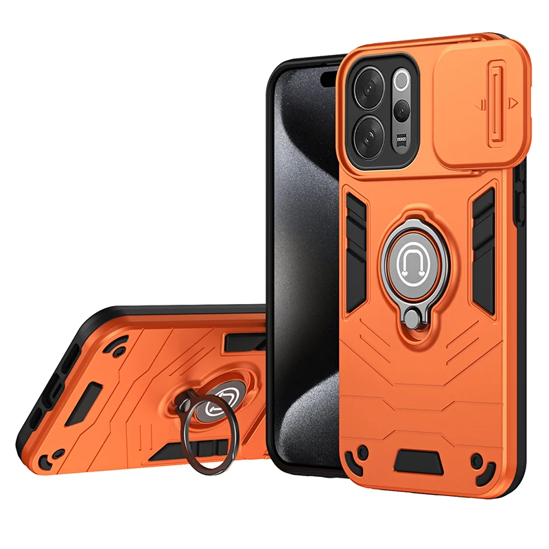 Popular Magnetic Ring Phone Case with Heavy Duty Armor and Camera Slide Cover for Enhanced Anti-Fall Protection