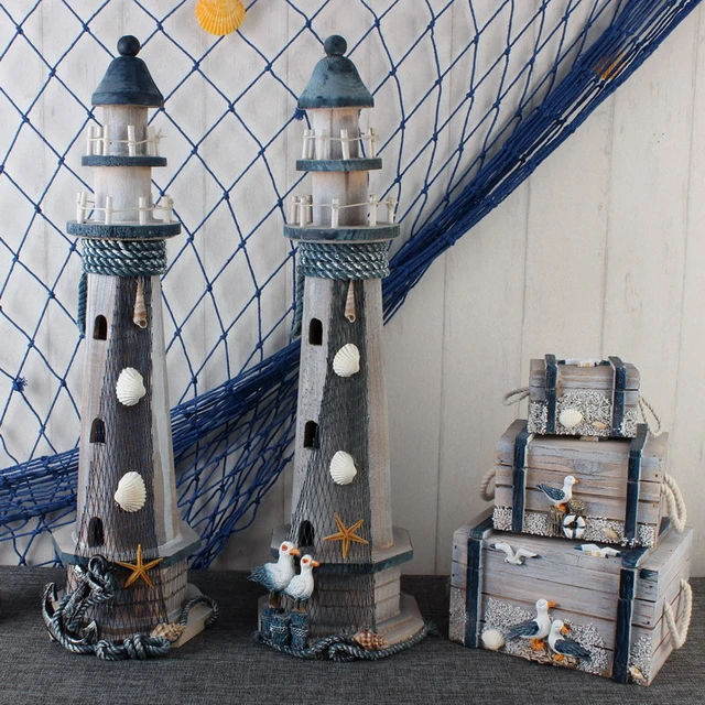 50CM Wood Lighthouse Decor Mediterranean Wooden Handicraft Home Nautical  Decorations Creativity Marine Style Ornaments