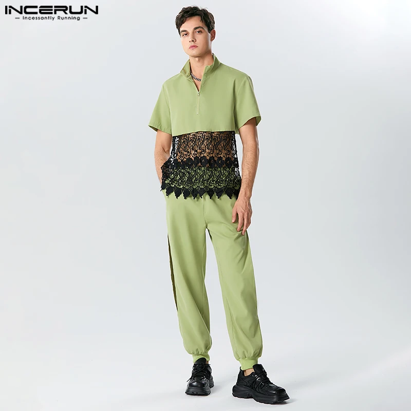 

Fashion Men Sets Solid Patchwork Lace Short Sleeved Stand Neck Tops Side Slit Pants Casual Male Suit 2 Pieces S-5XL INCERUN 2023