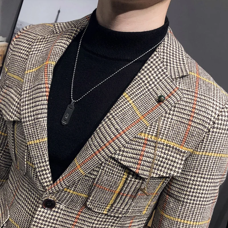 Men Blazers Spring Men Plaid Blazers British Printed Wedding Business Casual Blazer Suit Jacket Male Formal Blazers Plus Size S-3XL