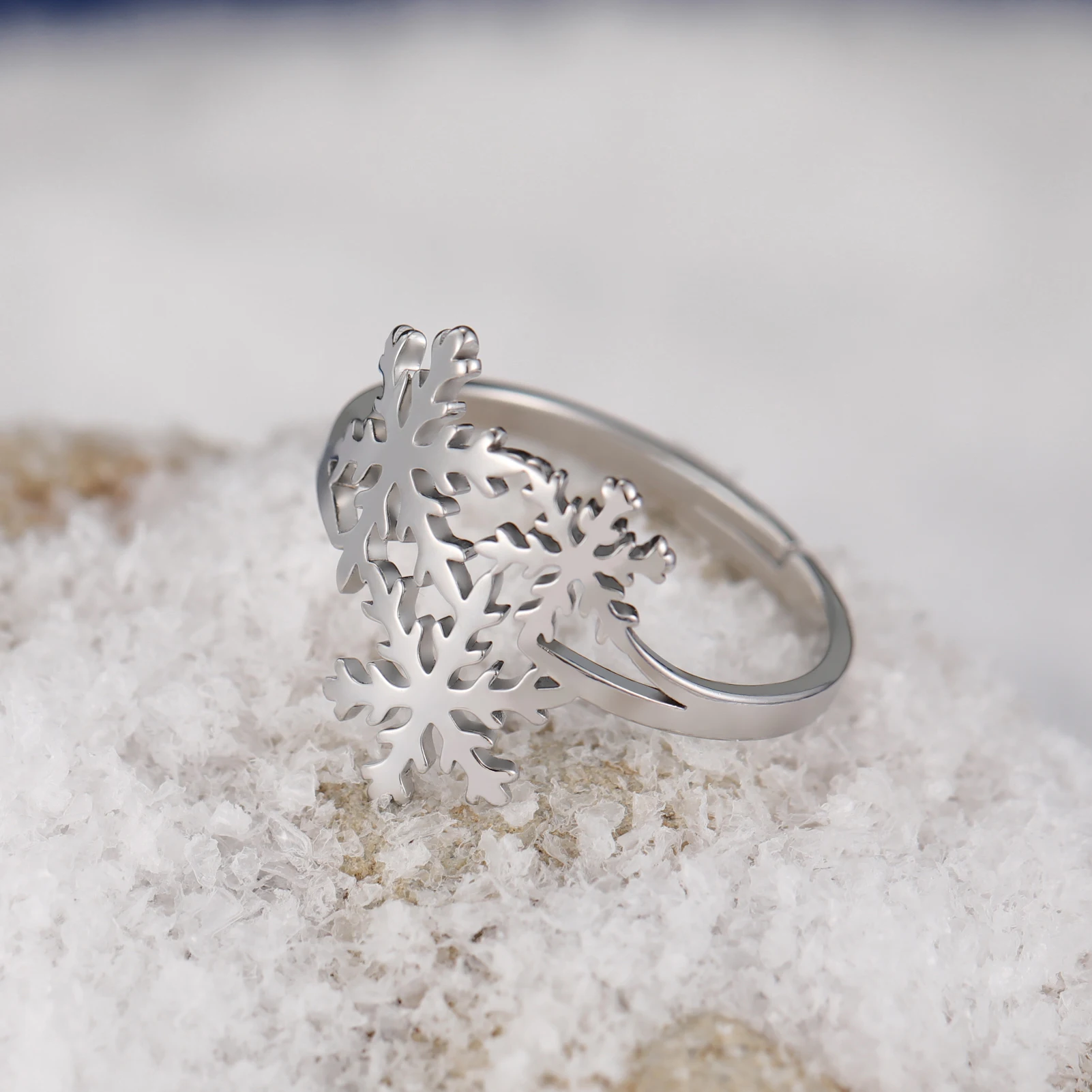 Sipuris Snowflake Adjustable Rings For Women Girl Stainless Steel Round Cute Charm Ring Jewelry Christmas Gifts