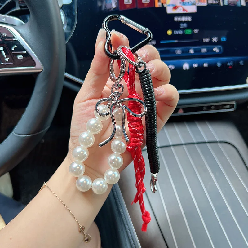 Trendy Pearls Bowknot Key Chain Soft Cotton Woven Lanyard for Keys and Handbags DropShip Women Bag Decoration Pendant